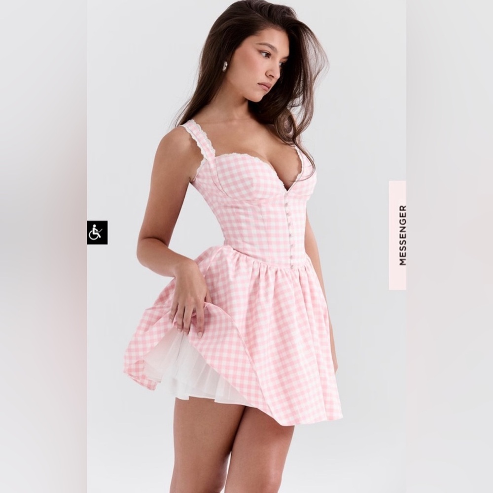 House of CB “Brigitte” Light Pink Gingham Mini A-line Dress NWT size M Tall